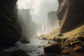 Imagine a surreal canyon where majestic waterfalls cascade through the air, defying gravity to create breathtaking rainbows. This vivid spectrum of colors dances gracefully through the misty atmospher