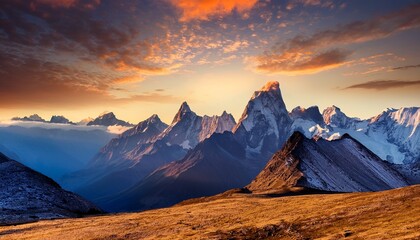 majestic mountain landscape with towering peaks and radiant sky