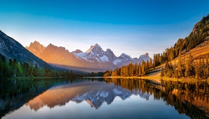 majestic mountain range with reflection on calm lake at sunrise