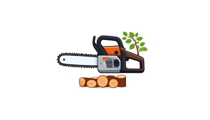Fototapeta premium Colorful illustration of a chainsaw with cut logs and leaves, showcasing a tool for forestry work.