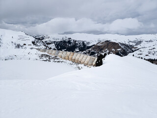 View of Barrage de la Girotte in the French Alps in winter