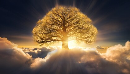 a massive tree rising through clouds glowing with golden light