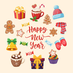 Happy New Year Christmas Festive Items Flat Illustration Set