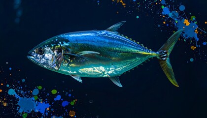 Fototapeta premium Vibrant tuna in dark water, colorful splashes