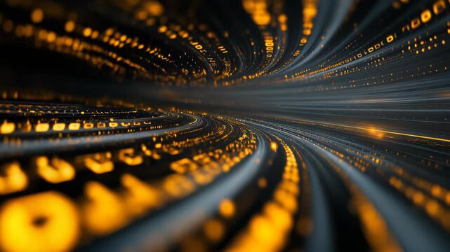 A futuristic cyber verse data tunnel with glowing gold neon lights and flowing numbers in dark space, symbolizing digital networks, virtual reality, and high-tech connectivity.