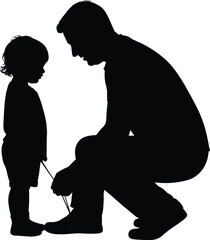 Silhouette of father kneeling down tying child’s shoe, parenting love, father-child bonding, family care, nurturing moment, togetherness illustration.
