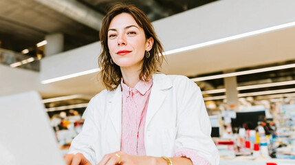 A young Caucasian woman with brown hair and a confident expression works on a laptop in a modern office environment. She wears a white lab coat over a pink blouse.