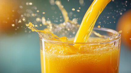
Close-up of orange juice being poured into a glass. Drops of orange juice splash out, soft focus, dreamy, commercial poster, detail texture, high contrast, clear color, bokeh, best angle

