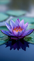 Close up of a vibrant purple water lily flower with dew drops reflecting on the calm water surface