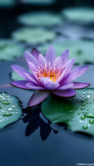 Close up of a vibrant purple water lily with water droplets on its petals floating serenely on dark water surrounded by lily pads