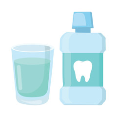 Fototapeta premium Mouthwash bottle with tooth icon and matching glass of blue-green rinse, isolated on dark background. Ideal for oral hygiene, fresh breath, and dental care product visuals in healthcare stock content