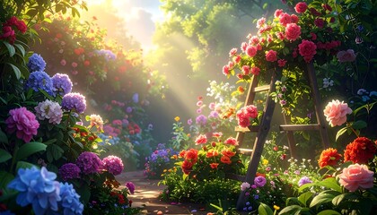 A sun-drenched garden path, vibrant with colorful flowers and lush foliage, bathed in warm light.