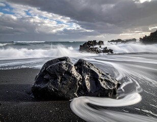 A dramatic seascape featuring powerful waves washing over a dark volcanic beach, with a large, dark stone in the foreground and flowing water patterns.
