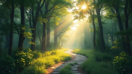 Obraz premium A serene pathway winding through a lush forest illuminated by golden sunlight filtering through the trees.