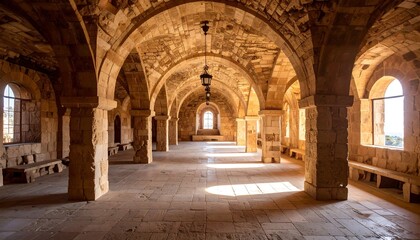 Obraz premium Sunlit ancient stone hall