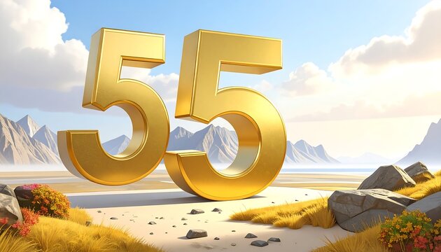 Golden numbers 55 on a desert landscape