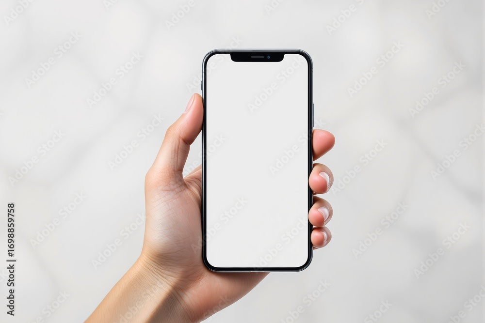Wall mural hand holding a smartphone with a white screen, realistic style, on a soft light background, concept 