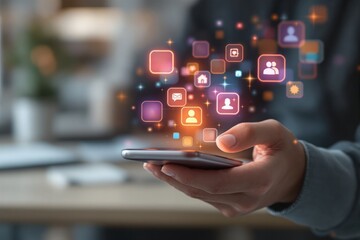 Hand holding smartphone with colorful glowing app icons floating above, futuristic digital style, indoor blurred background, concept of technology. Ai generative