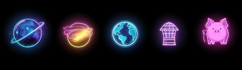 Modern illustration featuring a glowing neon icon of an astronomical observatory, Aquarius zodiac symbol, Planet Venus, and a Pig