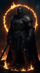 a mystical black knight stands in a circle of fire. generative ai