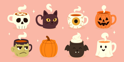 Cute halloween coffee mugs with spooky and funny designs including skull pumpkin cat bat and monster characters festive autumn drinkware collection in vector illustration