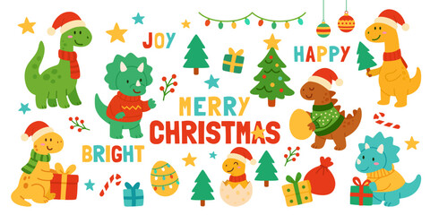 Festive dinosaurs in Santa hats with gifts decorated trees and winter accessories bringing Christmas cheer in colorful vector art perfect for holiday cards celebration and seasonal design projects