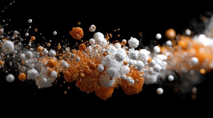 Abstract swirling clusters of orange and white spheres against a black background