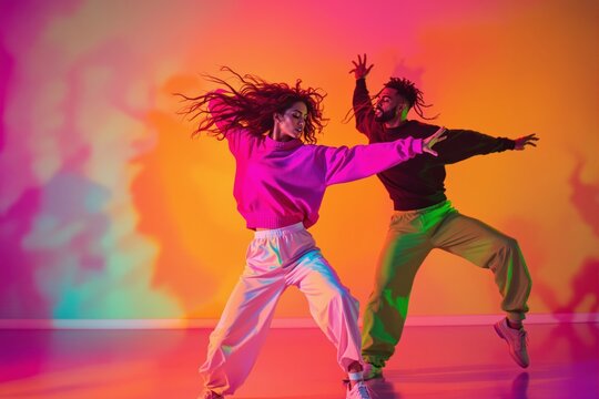Two dancers in vivid clothes move expressively under neon lighting, studio setting, colorful gradient background, concept of energy and freedom. Ai generative