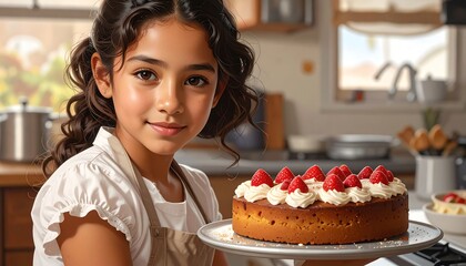 A young girl proudly displays a beautiful, decorated cake in a home kitchen.