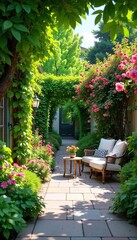 Fototapeta premium Serene patio garden scene featuring lush greenery, blooming flowers, and comfortable outdoor seating Perfect for relaxation and entertaining , stone, outdoor living