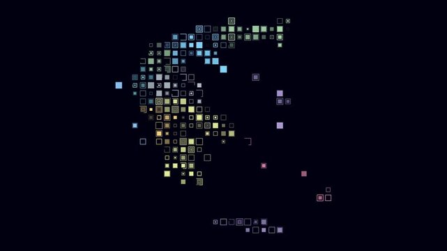 Greece map animation. Shape of the country with pulsating colored dots. Large size square blocks. Digital style Greece map on dark background. Classy video.