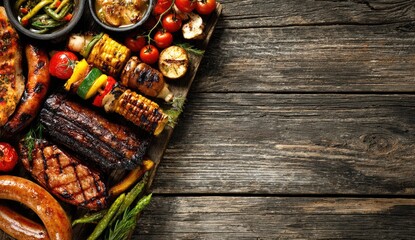 Grilled meats and vegetables on rustic wood