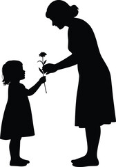Silhouette of mother offering flower to child, gentle moment of love and innocence, family bonding, motherhood care, childhood connection vector illustration.