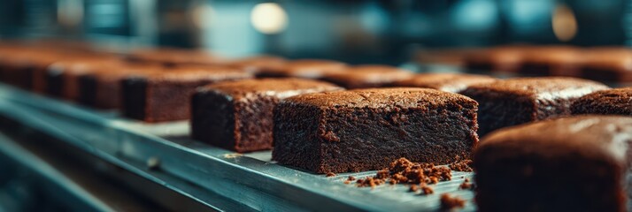 Freshly baked chocolate cakes cooling on a metal rack in a bakery during evening hours