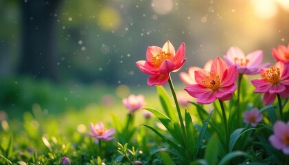 Naklejka premium Gentle spring rain nourishes blooming flowers, symbolizing growth, renewal, and the nurturing power of nature A vibrant scene of springtime's gentle caress , botany, macro