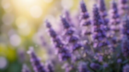 Obraz premium Purple lavender flowers with soft green blur and shimmering bokeh.