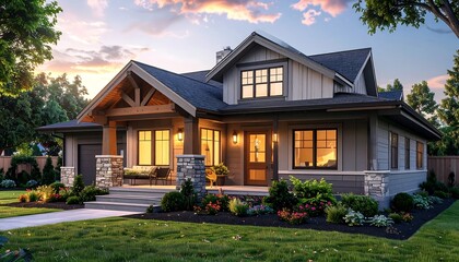 Modern farmhouse at sunset