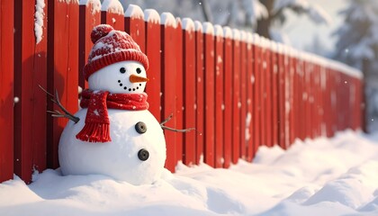 A cheerful snowman, adorned in a red hat and scarf, stands by a vibrant red wooden fence on a snowy day.