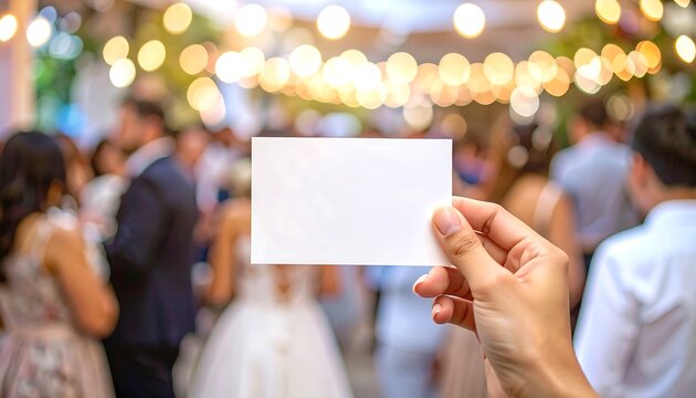 Hand holding blank card at wedding reception - Powered by Adobe
