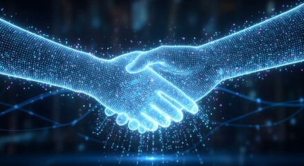 Digital handshake representing global business partnership and technology collaboration, suitable for illustrating innovation, agreements, and modern business solutions.