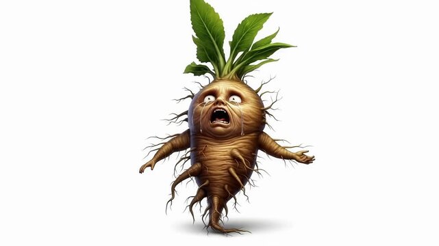 Moving mandrake root cries with human-like face and root limbs, appearing to be in distress
