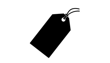A simple, solid black price tag with string, angled against a plain white background.