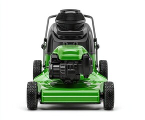 Front view of a bright green lawnmower.  Black engine,  parts and wheels.  Isolated on white