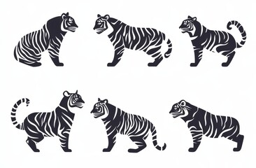 A set of hand-drawn modern abstract cartoon illustrations featuring beautiful and cute wildlife, including a tiger, in black and white with a white background, symbolizing the Chinese New Year