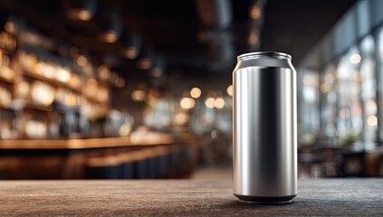 Metallic beverage can on a bar counter