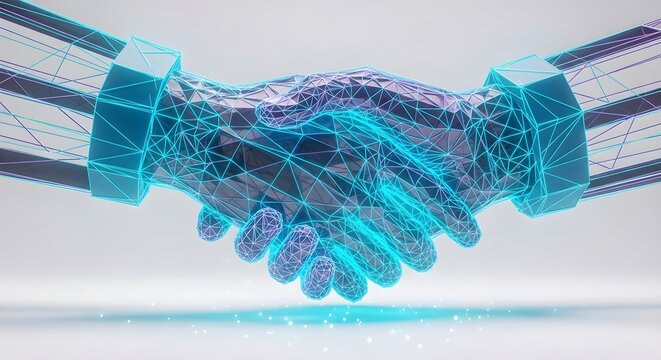 Digital handshake symbolizing technological agreement and collaborative partnership in modern business. Ideal for illustrating innovation, tech deals, and future collaborations.