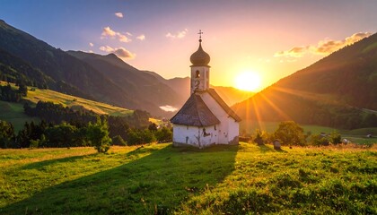 Picturesque mountain chapel at sunset