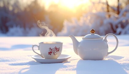A steaming cup of tea sits on a snowy landscape, alongside a matching teapot, bathed in warm sunlight.