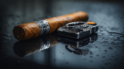 Cigar with cutter and lighter, reflected on a black glass table