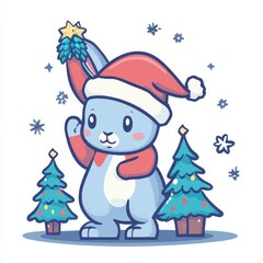 A rabbit representing the 2023 Chinese calendar, dressed in a Santa hat and colored black like water, adorns a Christmas tree in a contemporary illustration